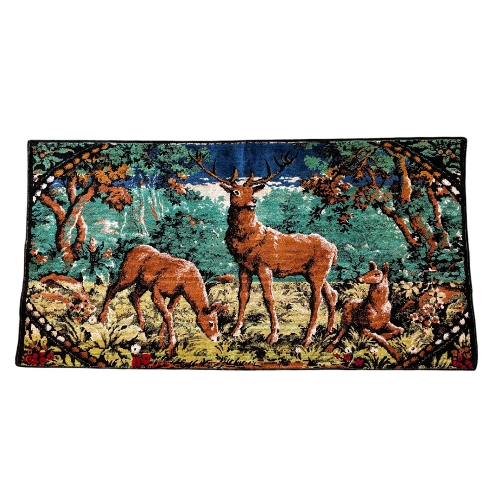Vintage French Woven Deer Buck Tapestry Wall Hanging Blue Green Lodge Man Cave